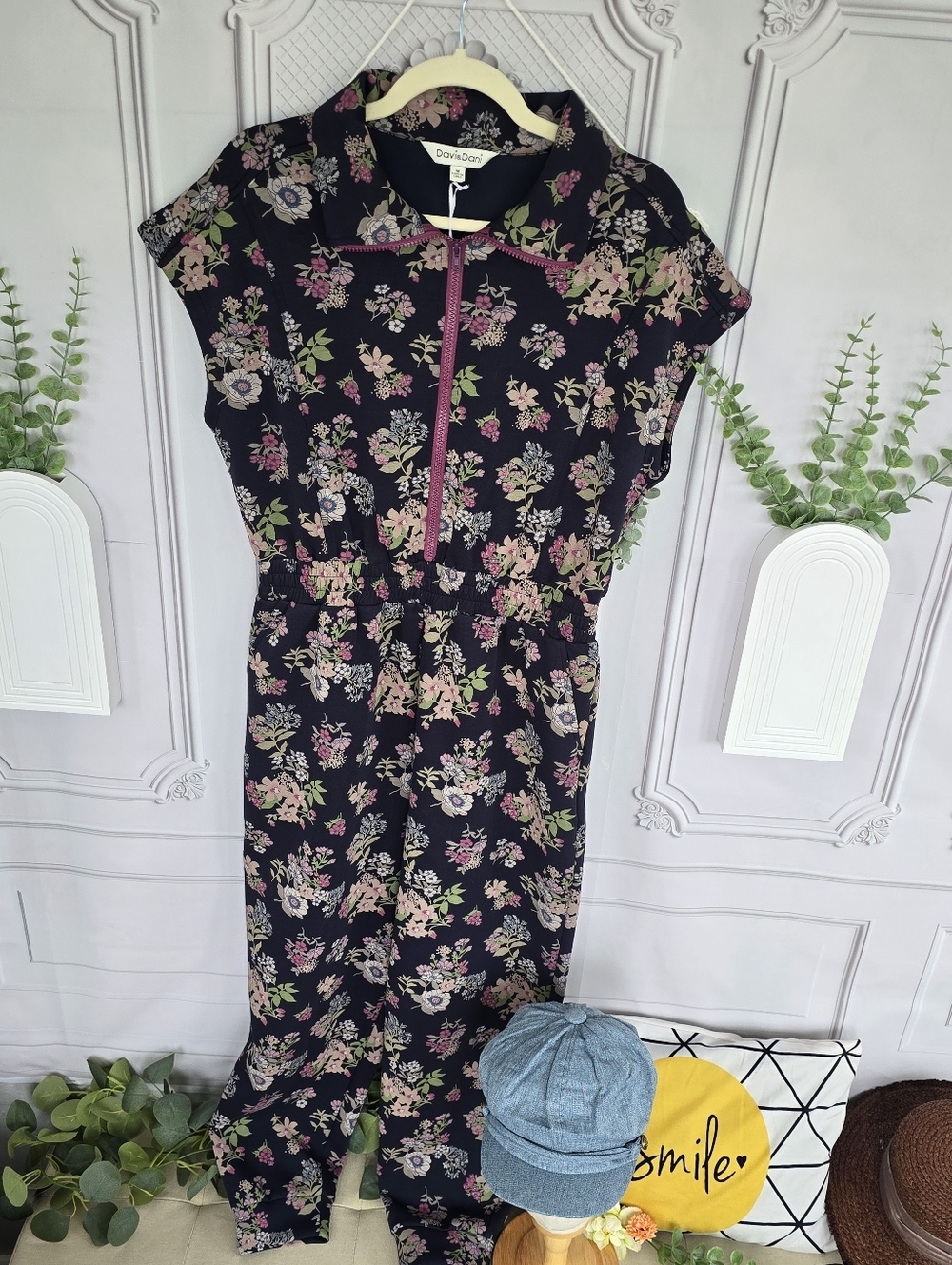 Utility Style Zipper Front Jumpsuit In Navy & Pink Floral By Davi & Dani